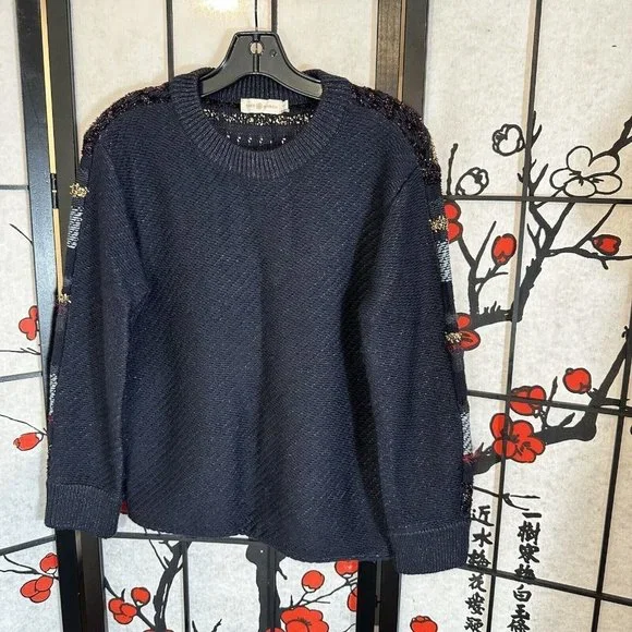 Tory Burch Sweater Stripe Metallic Merino Wool Alpaca Blend Danielle Navy Thick - Picture 11 of 11